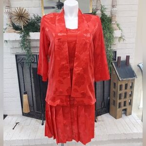 80s Red Jacquard Mod 2 Pc Dress And Jacket Women's Sz L Vintage Pleated Detail